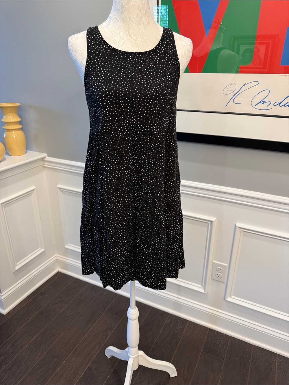 Pink Rose Black Sundress with White Polka Dots - Midi